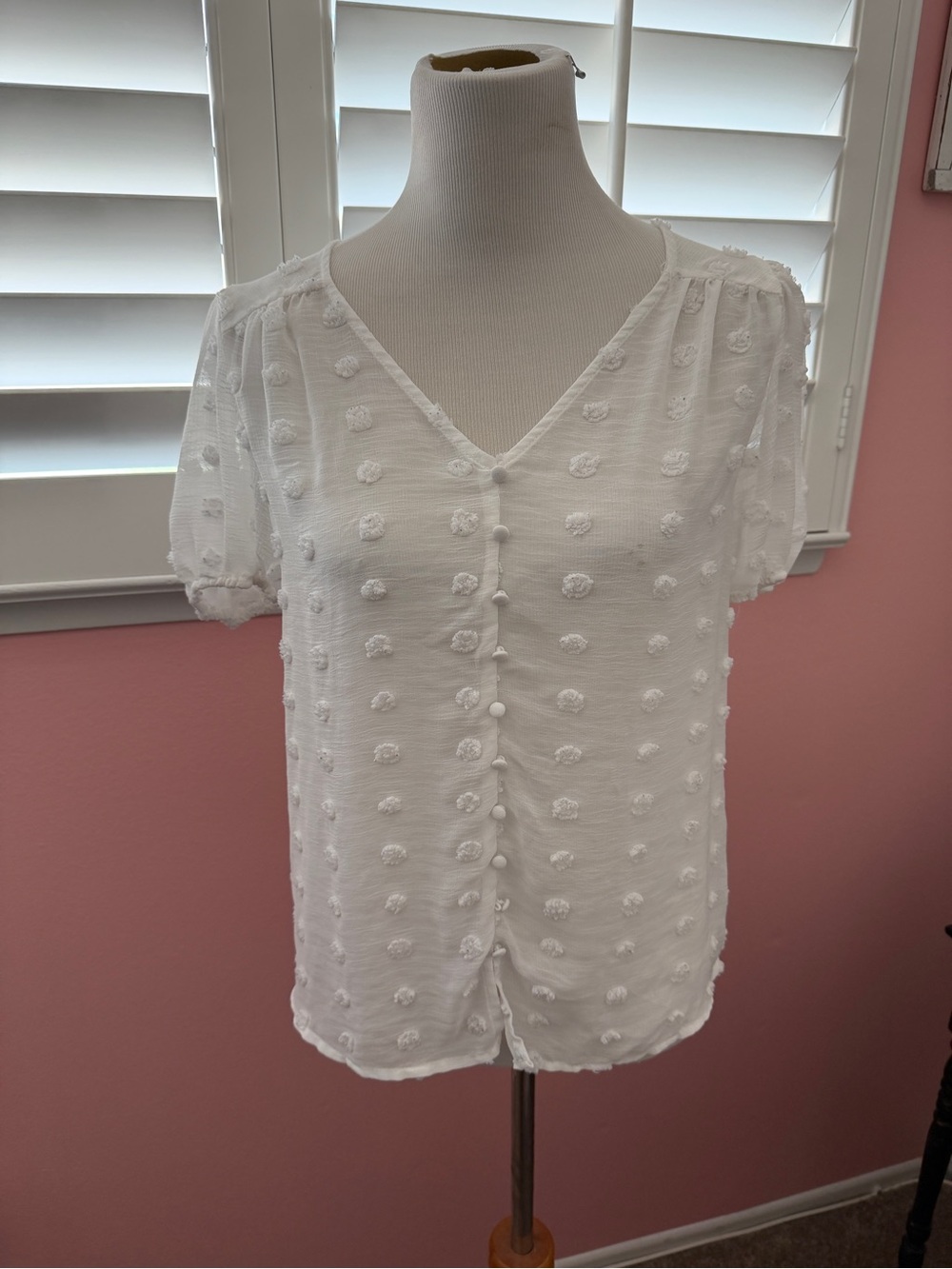 Women's White Textured Dot V-Neck Short Sleeve Top
